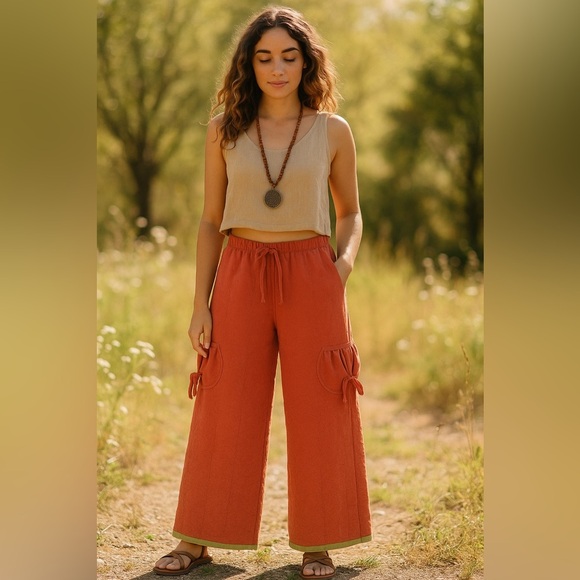 NEW Rust Red Orange Leaf Embroidered Boho Quilted Wide Leg Pants Fall Favorite. - Picture 1 of 5